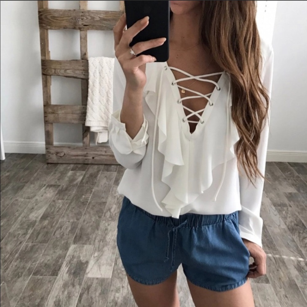 ▪️White Ruffle Front Lace-Up Blouse